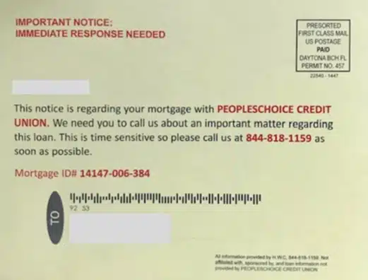 Mortgage Scam Blog image warning. Sent by US Postage. Reads "Important Notice: Immediate Response Needed."