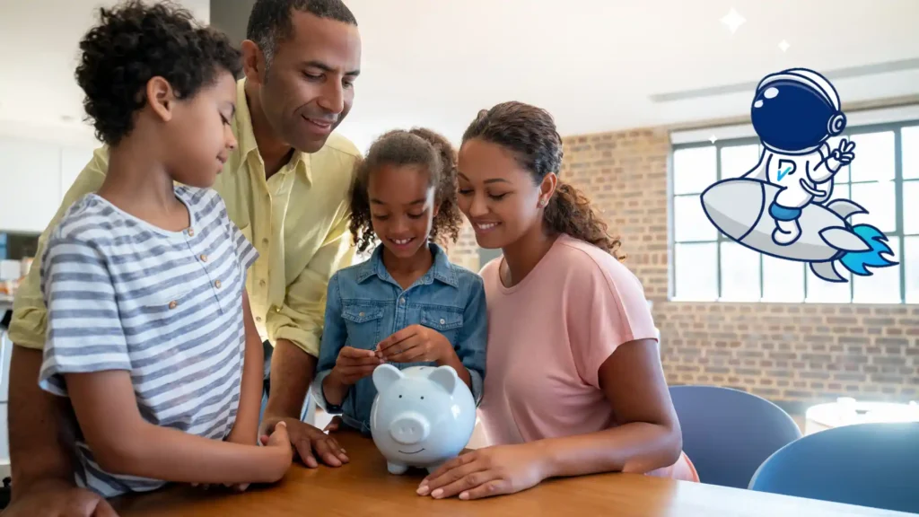 A family sits around a piggy bank