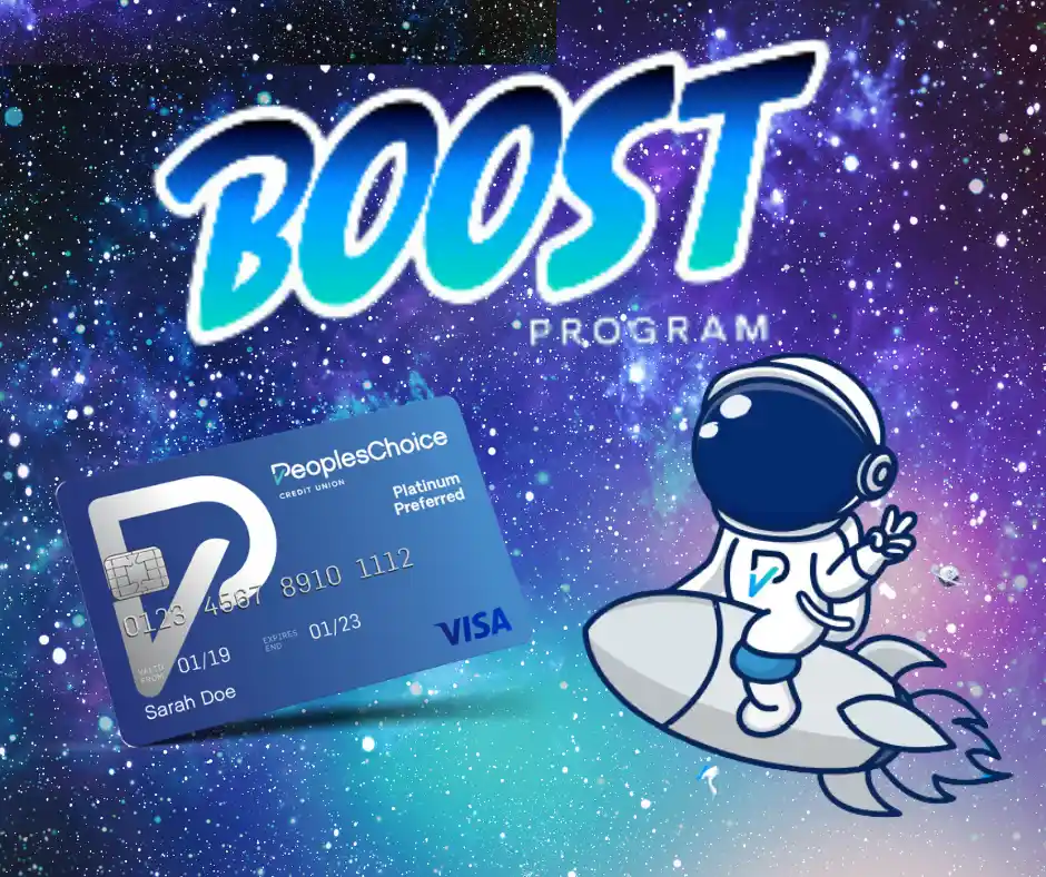 Boost Program astronaut icon and a PeoplesChoice debit card mockup