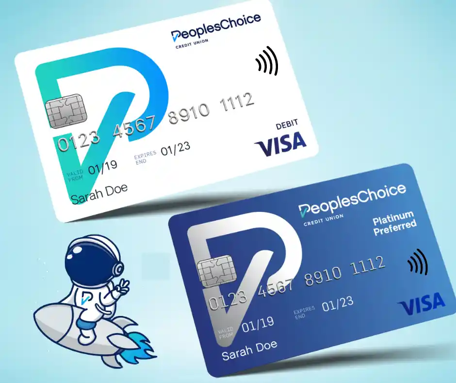 PeoplesChoice debit card mockups alongside the Boost Program astronaut icon