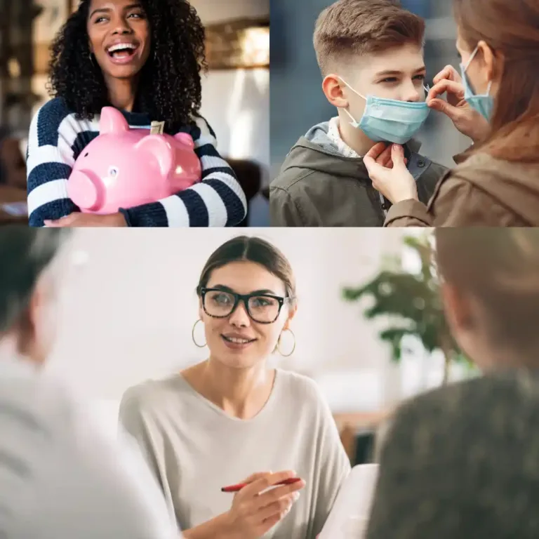 Different images depicting a piggy bank, a child wearing a mask, and a woman speaking to others.